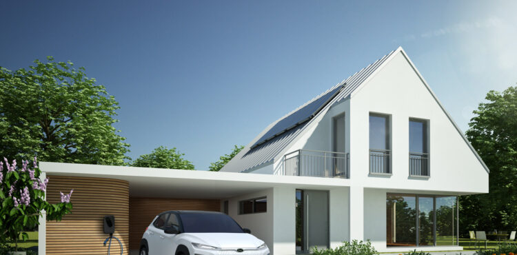 battery storage for EV - image of home with solar energy panels