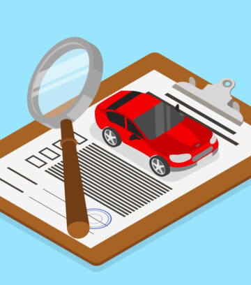 car valuation and insurance with isometric illustration with car and documents on blue background