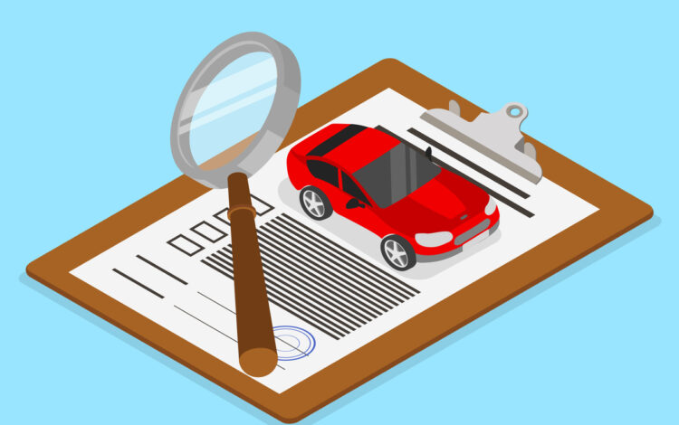 car valuation and insurance with isometric illustration with car and documents on blue background