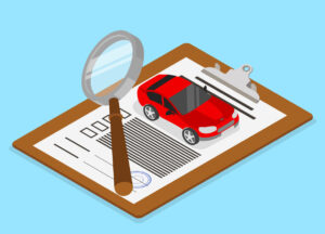 car valuation and insurance with isometric illustration with car and documents on blue background