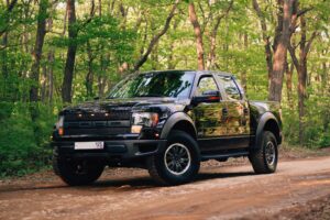 black ford ranger in the forest on a dirt track with trees all around