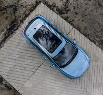 aerial view of blue electric car