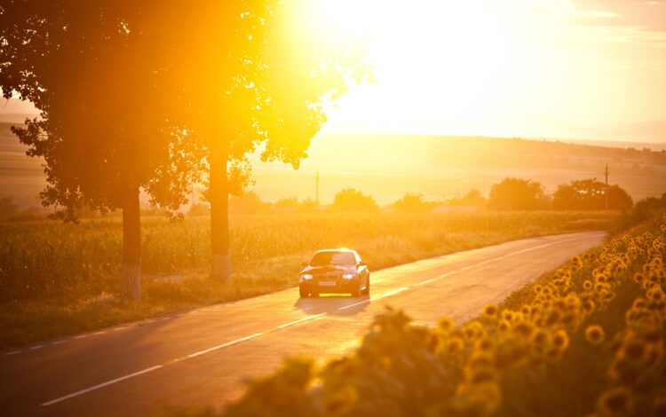 BMW M3 car drives through a beautiful scenery at sunset