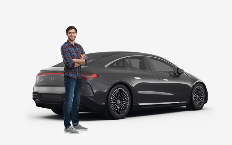 man standing in front of a black mercedes benz