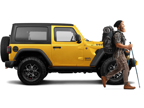 yellow jeep parked next to male camper