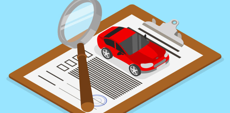 car valuation and insurance with isometric illustration with car and documents on blue background